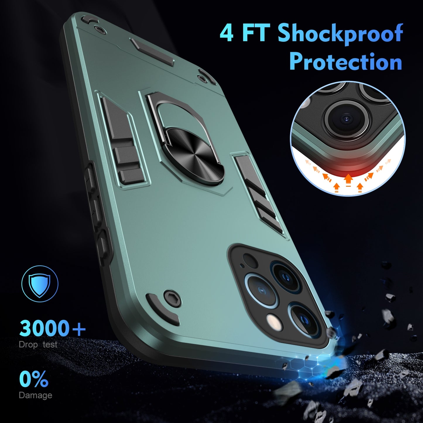 Apple iPhone 12 Pro Shockproof Metal Ring Holder Phone Case with 360 degrees Rotating Kickstand, Ultra Slim Protective Cover, Raised Camera Guard, PC Silicone Armour Shell, Anti-Scratch Back & Edge Protection