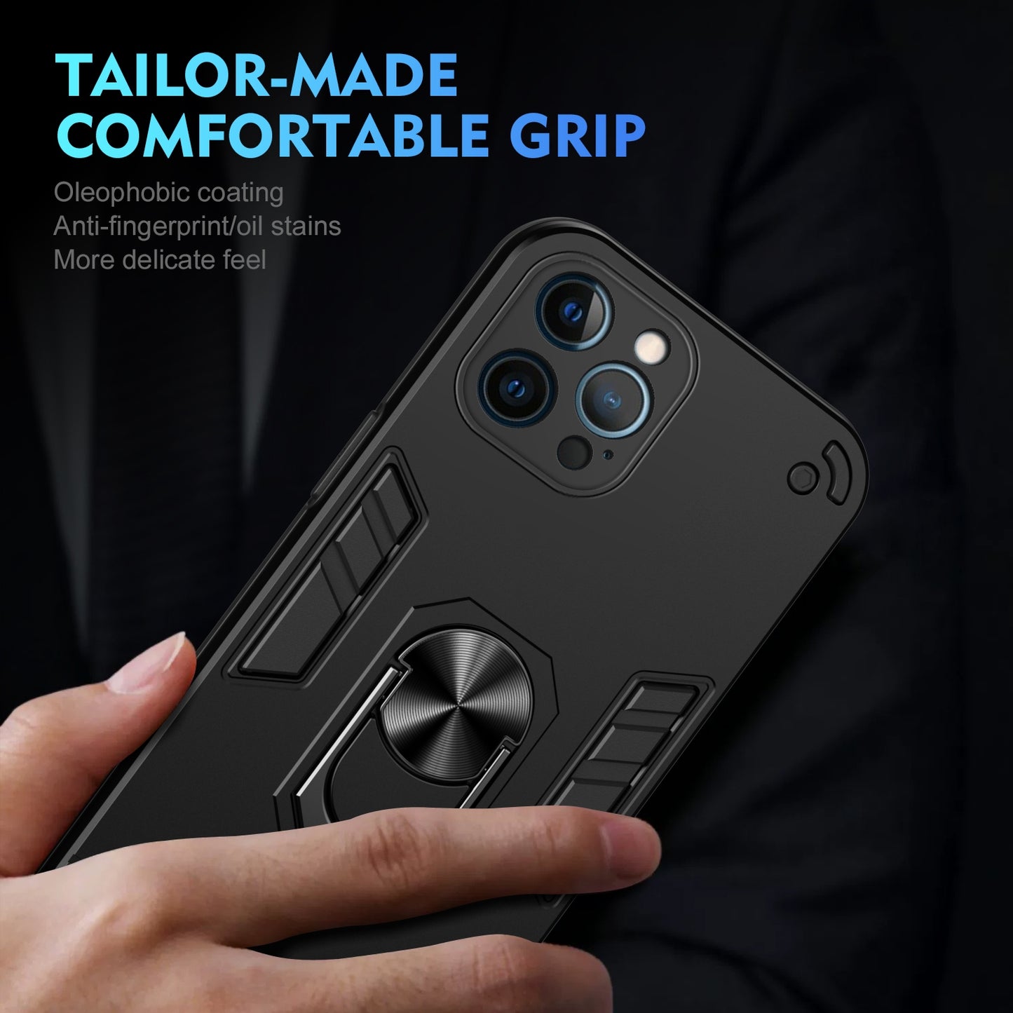 Apple iPhone 12 Pro Max Shockproof Metal Ring Holder Phone Case with 360 degrees Rotating Kickstand, Ultra Slim Protective Cover, Raised Camera Guard, PC Silicone Armour Shell, Anti-Scratch Back & Edge Protection