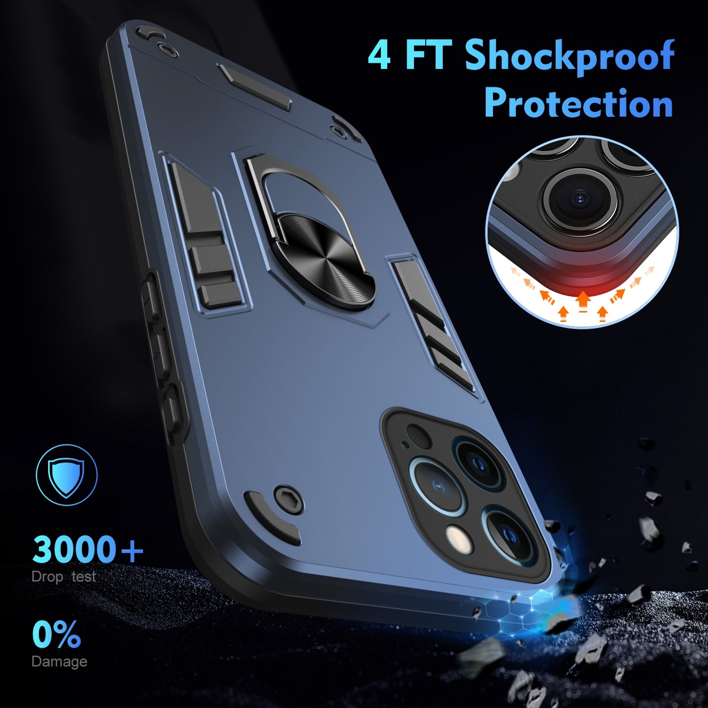 Apple iPhone 12 Pro Max Shockproof Metal Ring Holder Phone Case with 360 degrees Rotating Kickstand, Ultra Slim Protective Cover, Raised Camera Guard, PC Silicone Armour Shell, Anti-Scratch Back & Edge Protection