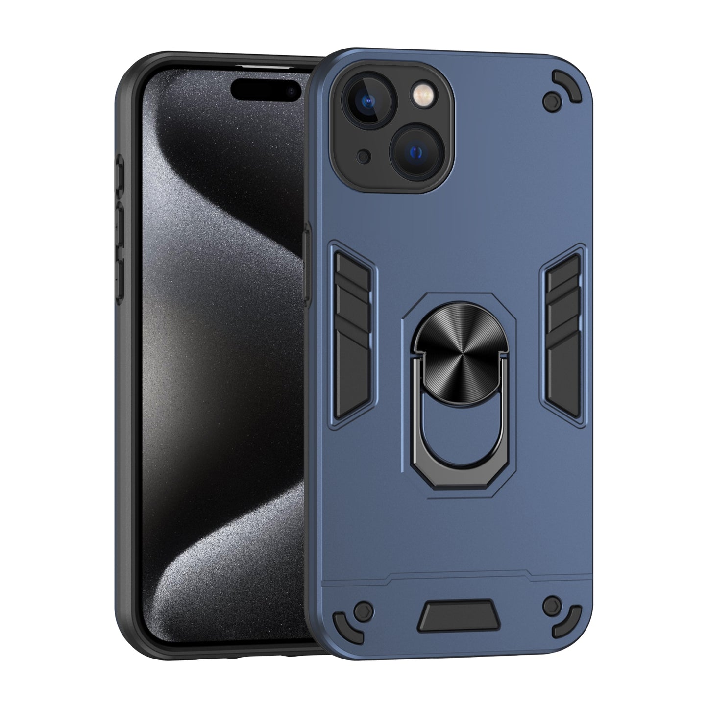 Apple iPhone 13 Shockproof Metal Ring Holder Phone Case with 360 degrees Rotating Kickstand, Ultra Slim Protective Cover, Raised Camera Guard, PC Silicone Armour Shell, Anti-Scratch Back & Edge Protection