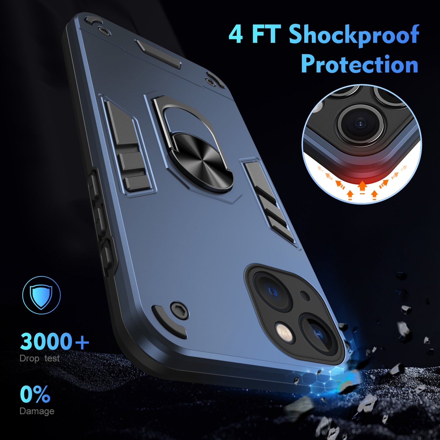 Apple iPhone 13 Shockproof Metal Ring Holder Phone Case with 360 degrees Rotating Kickstand, Ultra Slim Protective Cover, Raised Camera Guard, PC Silicone Armour Shell, Anti-Scratch Back & Edge Protection