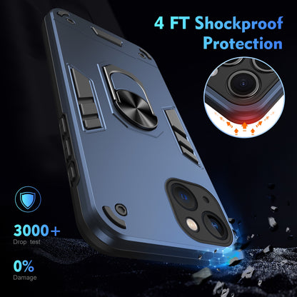 Apple iPhone 13 Shockproof Metal Ring Holder Phone Case with 360 degrees Rotating Kickstand, Ultra Slim Protective Cover, Raised Camera Guard, PC Silicone Armour Shell, Anti-Scratch Back & Edge Protection