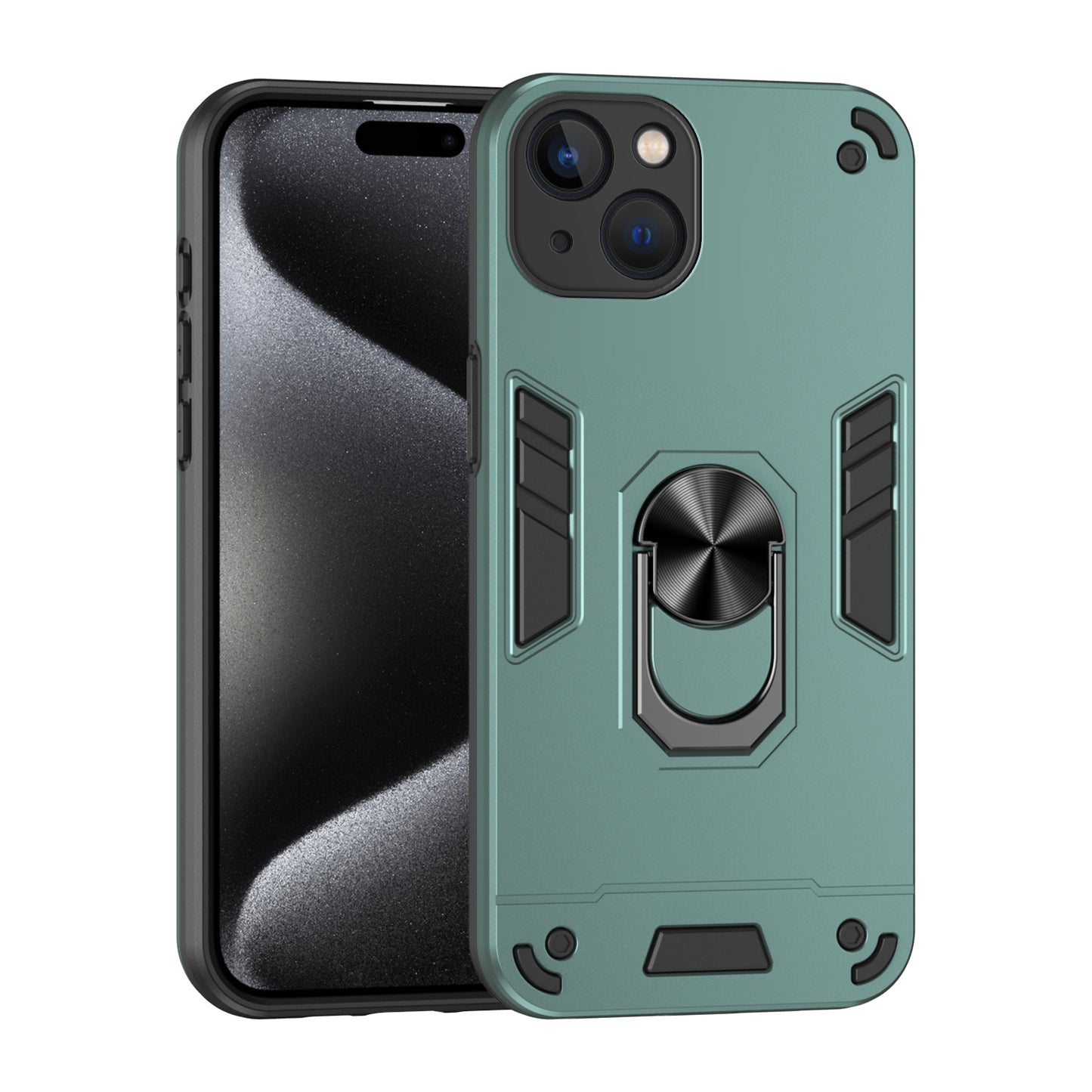 Apple iPhone 13 Shockproof Metal Ring Holder Phone Case with 360 degrees Rotating Kickstand, Ultra Slim Protective Cover, Raised Camera Guard, PC Silicone Armour Shell, Anti-Scratch Back & Edge Protection