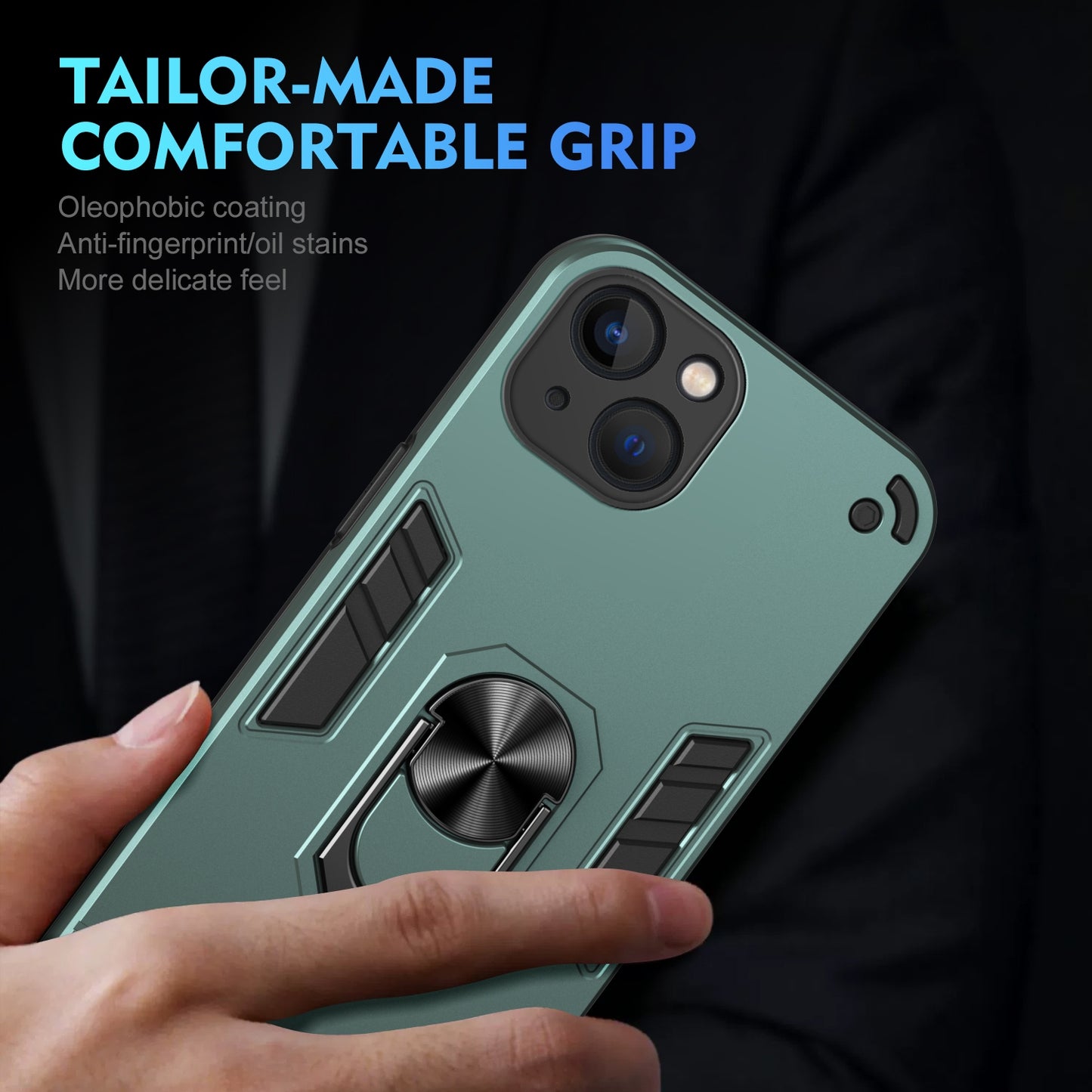 Apple iPhone 13 Shockproof Metal Ring Holder Phone Case with 360 degrees Rotating Kickstand, Ultra Slim Protective Cover, Raised Camera Guard, PC Silicone Armour Shell, Anti-Scratch Back & Edge Protection