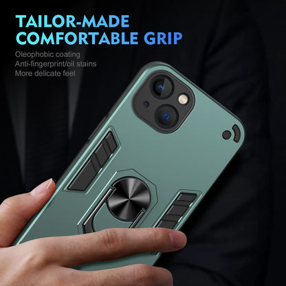 Apple iPhone 13 Shockproof Metal Ring Holder Phone Case with 360 degrees Rotating Kickstand, Ultra Slim Protective Cover, Raised Camera Guard, PC Silicone Armour Shell, Anti-Scratch Back & Edge Protection