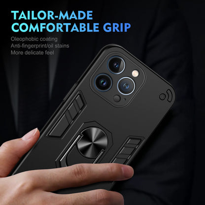 Apple iPhone 13 Pro Shockproof Metal Ring Holder Phone Case with 360 degrees Rotating Kickstand, Ultra Slim Protective Cover, Raised Camera Guard, PC Silicone Armour Shell, Anti-Scratch Back & Edge Protection