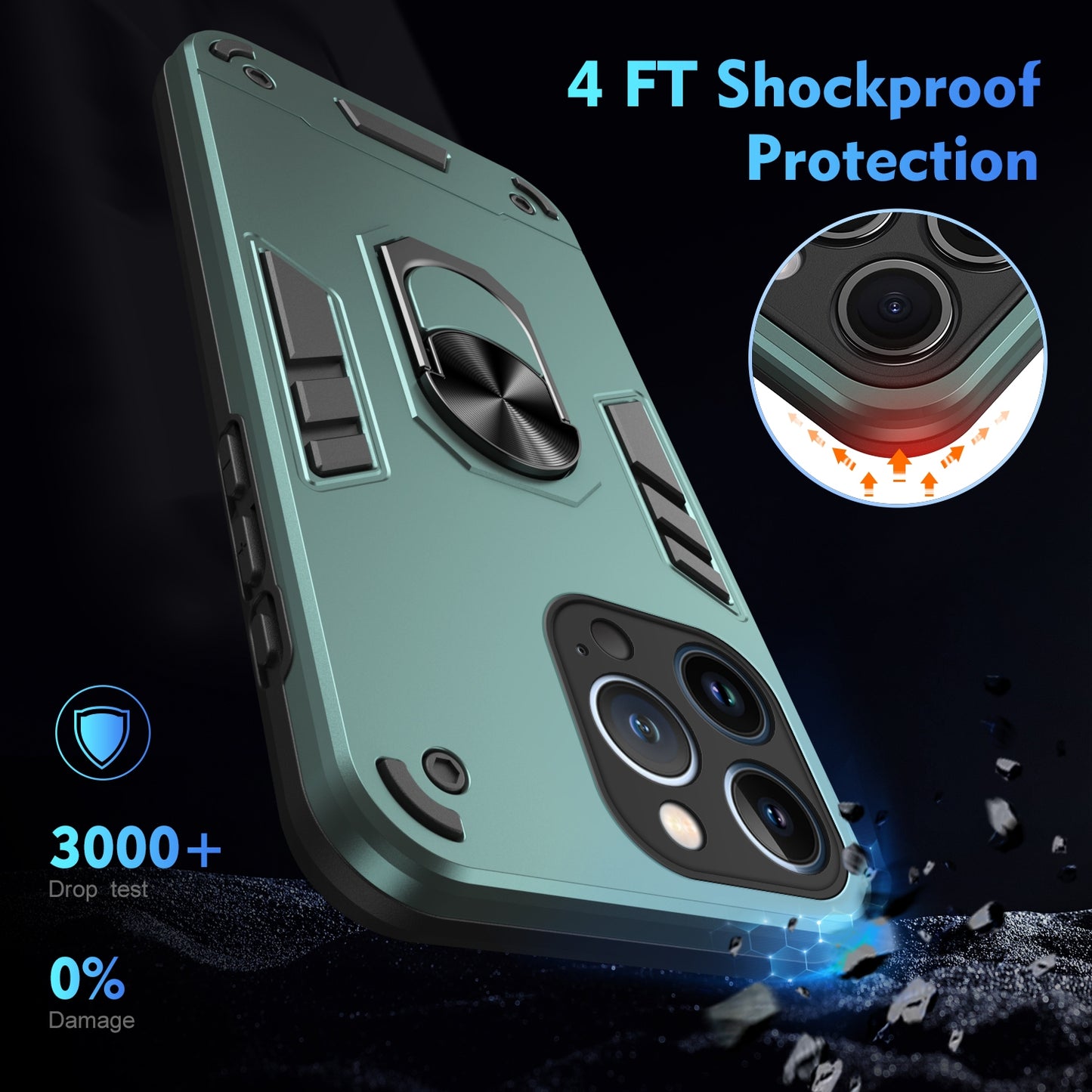 Apple iPhone 13 Pro Shockproof Metal Ring Holder Phone Case with 360 degrees Rotating Kickstand, Ultra Slim Protective Cover, Raised Camera Guard, PC Silicone Armour Shell, Anti-Scratch Back & Edge Protection