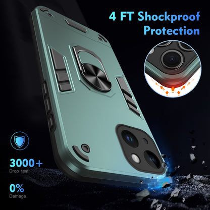 Apple iPhone 14 Plus Shockproof Metal Ring Holder Phone Case with 360 degrees Rotating Kickstand, Ultra Slim Protective Cover, Raised Camera Guard, PC Silicone Armour Shell, Anti-Scratch Back & Edge Protection