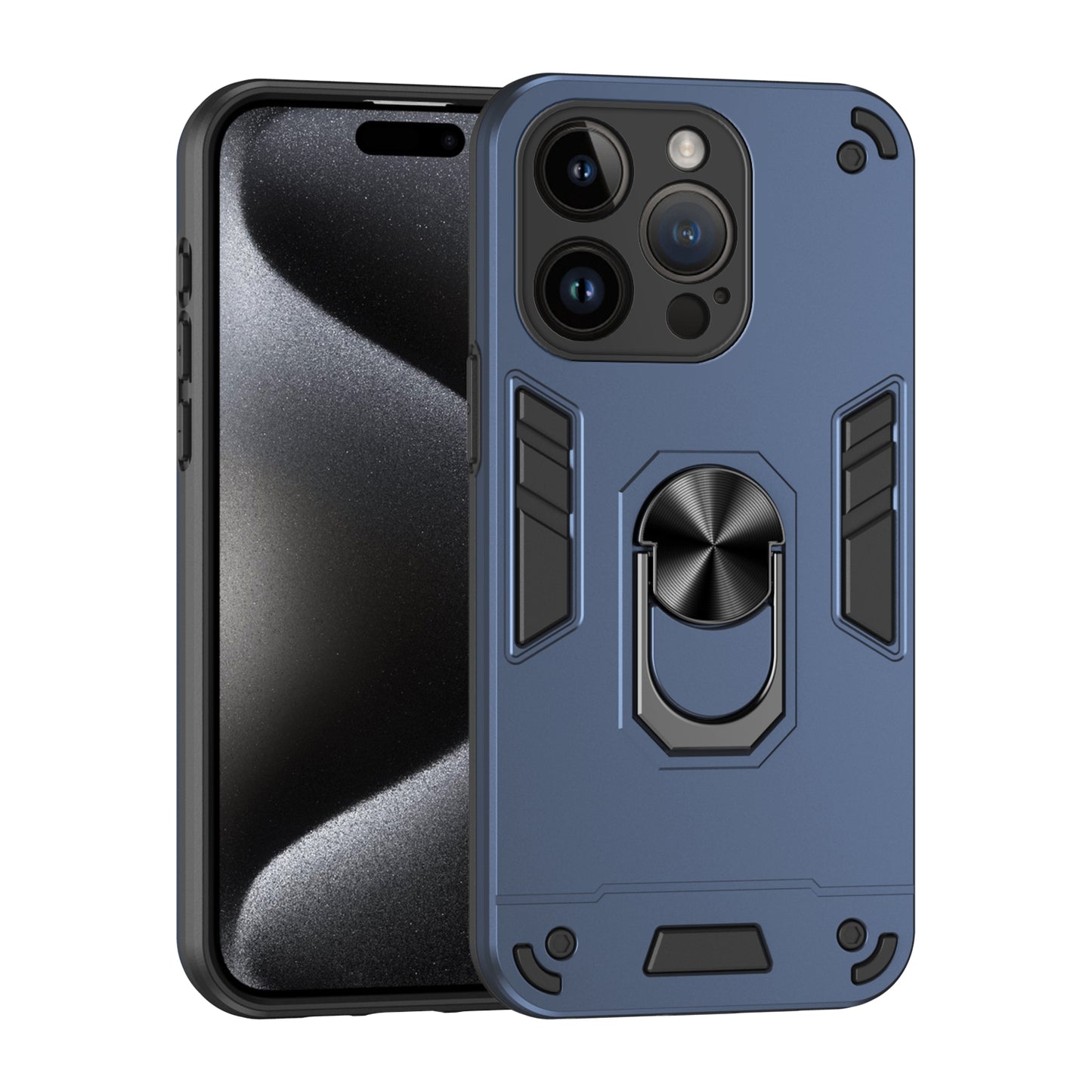Apple iPhone 14 Pro Shockproof Metal Ring Holder Phone Case with 360 degrees Rotating Kickstand, Ultra Slim Protective Cover, Raised Camera Guard, PC Silicone Armour Shell, Anti-Scratch Back & Edge Protection