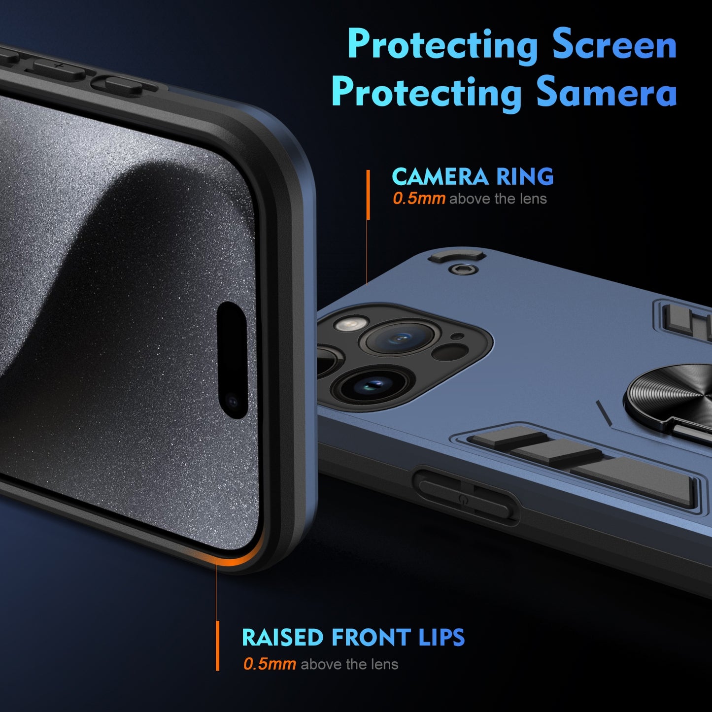 Apple iPhone 14 Pro Shockproof Metal Ring Holder Phone Case with 360 degrees Rotating Kickstand, Ultra Slim Protective Cover, Raised Camera Guard, PC Silicone Armour Shell, Anti-Scratch Back & Edge Protection