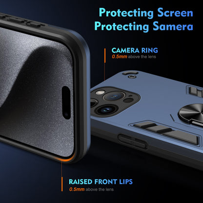 Apple iPhone 14 Pro Max Shockproof Metal Ring Holder Phone Case with 360 degrees Rotating Kickstand, Ultra Slim Protective Cover, Raised Camera Guard, PC Silicone Armour Shell, Anti-Scratch Back & Edge Protection