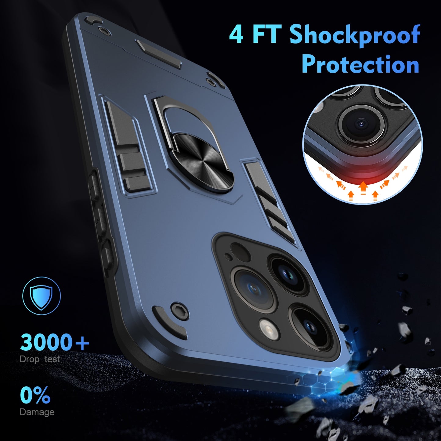 Apple iPhone 14 Pro Max Shockproof Metal Ring Holder Phone Case with 360 degrees Rotating Kickstand, Ultra Slim Protective Cover, Raised Camera Guard, PC Silicone Armour Shell, Anti-Scratch Back & Edge Protection