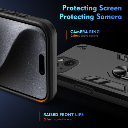 Apple iPhone 15 Shockproof Metal Ring Holder Phone Case with 360 degrees Rotating Kickstand, Ultra Slim Protective Cover, Raised Camera Guard, PC Silicone Armour Shell, Anti-Scratch Back & Edge Protection