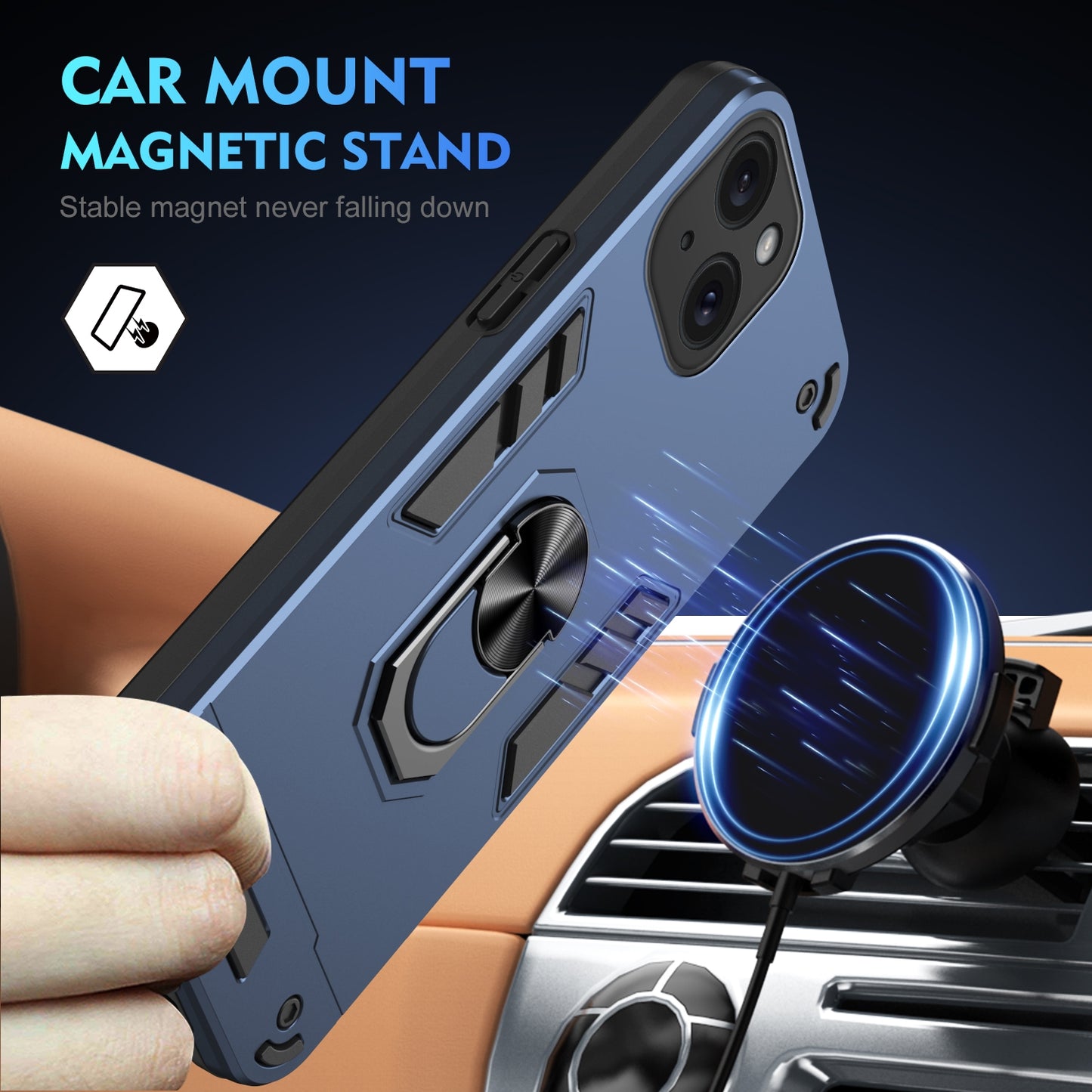 Apple iPhone 15 Shockproof Metal Ring Holder Phone Case with 360 degrees Rotating Kickstand, Ultra Slim Protective Cover, Raised Camera Guard, PC Silicone Armour Shell, Anti-Scratch Back & Edge Protection