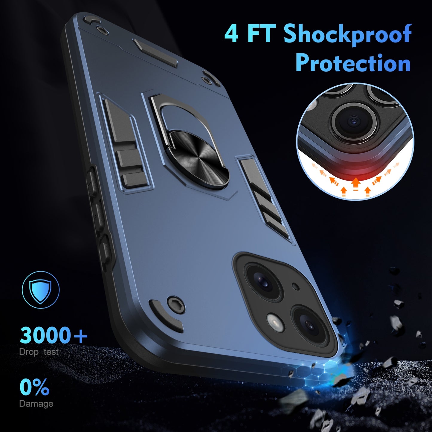 Apple iPhone 15 Shockproof Metal Ring Holder Phone Case with 360 degrees Rotating Kickstand, Ultra Slim Protective Cover, Raised Camera Guard, PC Silicone Armour Shell, Anti-Scratch Back & Edge Protection