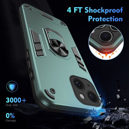 Apple iPhone 15 Shockproof Metal Ring Holder Phone Case with 360 degrees Rotating Kickstand, Ultra Slim Protective Cover, Raised Camera Guard, PC Silicone Armour Shell, Anti-Scratch Back & Edge Protection