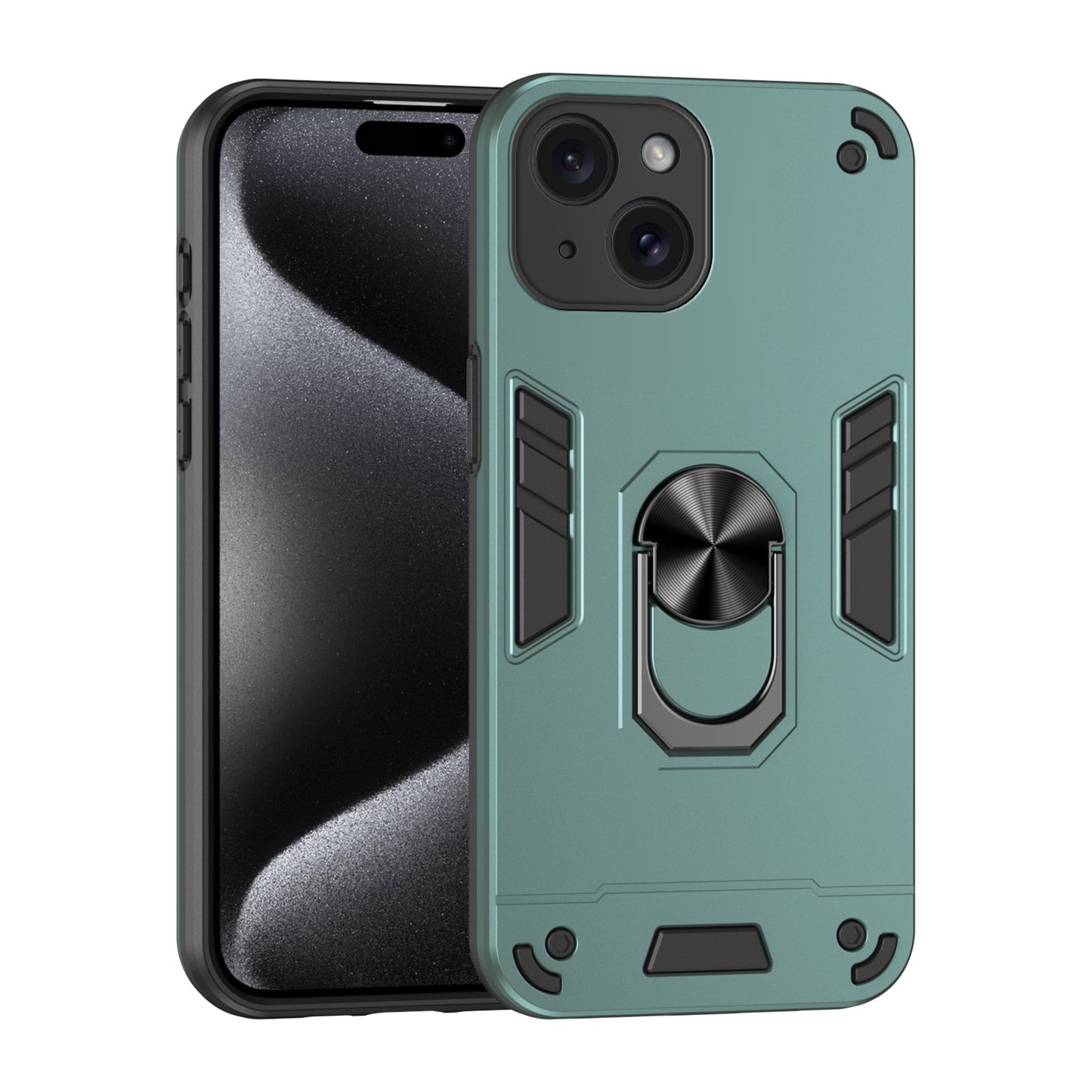 Apple iPhone 15 Plus Shockproof Metal Ring Holder Phone Case with 360 degrees Rotating Kickstand, Ultra Slim Protective Cover, Raised Camera Guard, PC Silicone Armour Shell, Anti-Scratch Back & Edge Protection