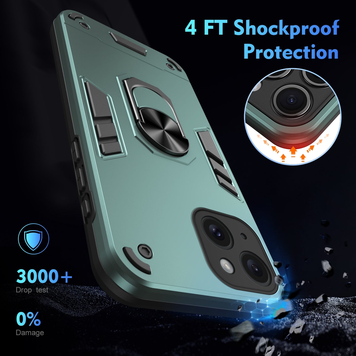 Apple iPhone 15 Plus Shockproof Metal Ring Holder Phone Case with 360 degrees Rotating Kickstand, Ultra Slim Protective Cover, Raised Camera Guard, PC Silicone Armour Shell, Anti-Scratch Back & Edge Protection
