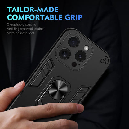 Apple iPhone 15 Pro Shockproof Metal Ring Holder Phone Case with 360 degrees Rotating Kickstand, Ultra Slim Protective Cover, Raised Camera Guard, PC Silicone Armour Shell, Anti-Scratch Back & Edge Protection