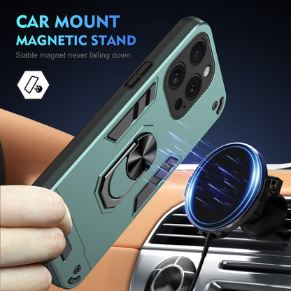 Apple iPhone 15 Pro Shockproof Metal Ring Holder Phone Case with 360 degrees Rotating Kickstand, Ultra Slim Protective Cover, Raised Camera Guard, PC Silicone Armour Shell, Anti-Scratch Back & Edge Protection