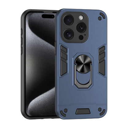 Apple iPhone 15 Pro Max Shockproof Metal Ring Holder Phone Case with 360 degrees Rotating Kickstand, Ultra Slim Protective Cover, Raised Camera Guard, PC Silicone Armour Shell, Anti-Scratch Back & Edge Protection