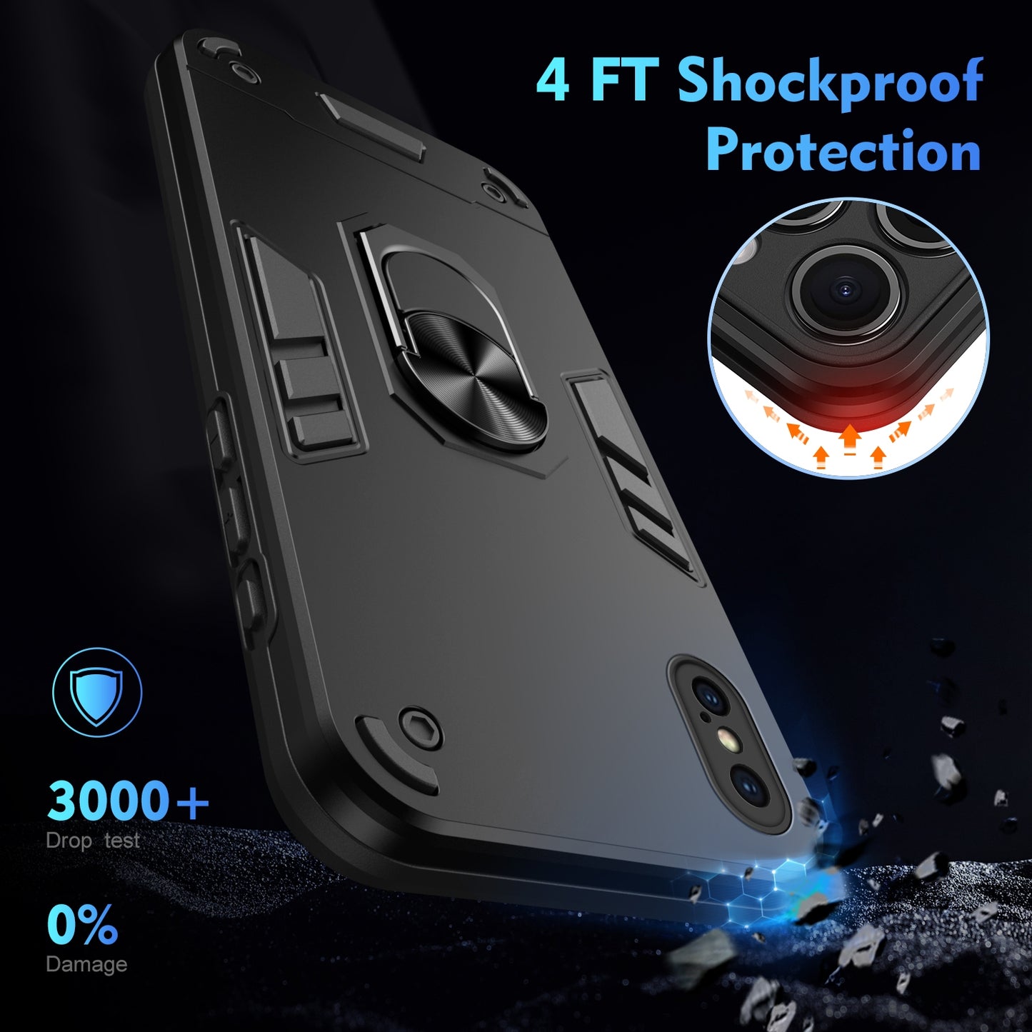 Apple iPhone XS Shockproof Metal Ring Holder Phone Case with 360 degrees Rotating Kickstand, Ultra Slim Protective Cover, Raised Camera Guard, PC Silicone Armour Shell, Anti-Scratch Back & Edge Protection