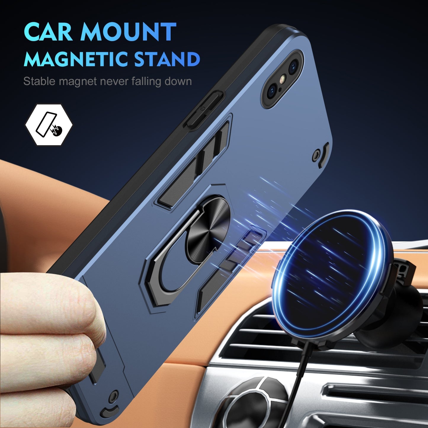 Apple iPhone XS Shockproof Metal Ring Holder Phone Case with 360 degrees Rotating Kickstand, Ultra Slim Protective Cover, Raised Camera Guard, PC Silicone Armour Shell, Anti-Scratch Back & Edge Protection