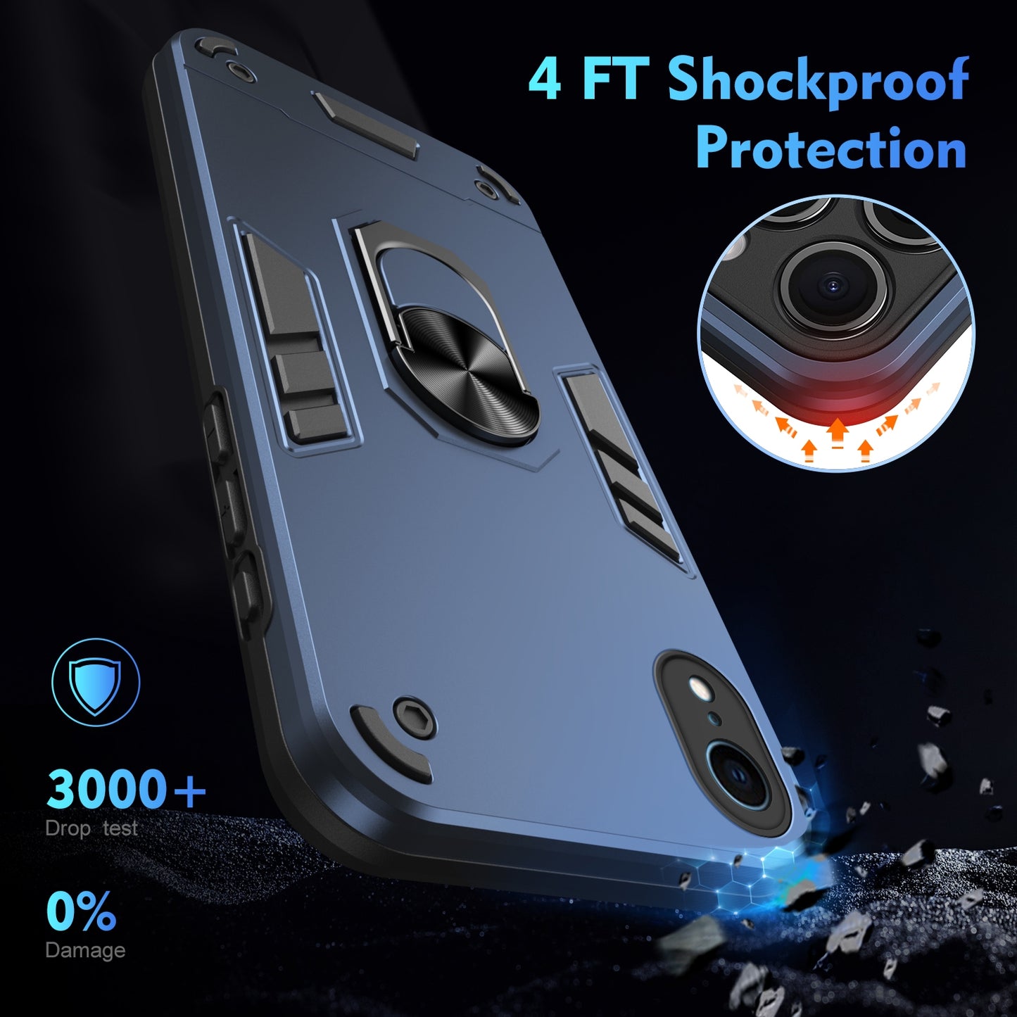 Apple iPhone XR Shockproof Metal Ring Holder Phone Case with 360 degrees Rotating Kickstand, Ultra Slim Protective Cover, Raised Camera Guard, PC Silicone Armour Shell, Anti-Scratch Back & Edge Protection