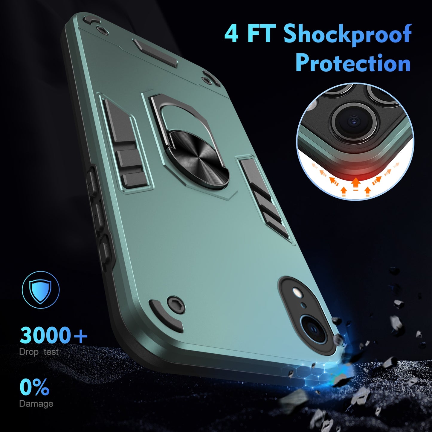 Apple iPhone XR Shockproof Metal Ring Holder Phone Case with 360 degrees Rotating Kickstand, Ultra Slim Protective Cover, Raised Camera Guard, PC Silicone Armour Shell, Anti-Scratch Back & Edge Protection