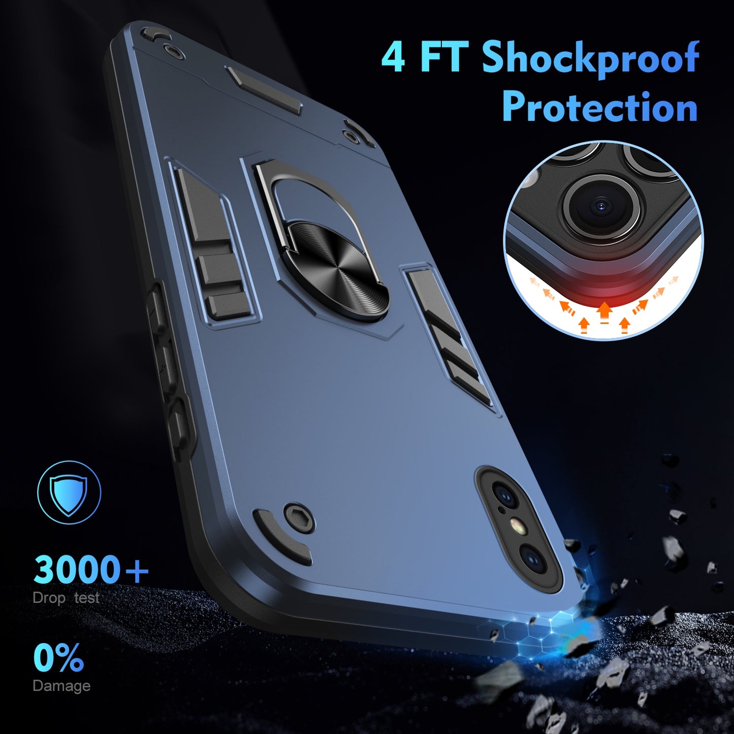 Apple iPhone XS Max Shockproof Metal Ring Holder Phone Case with 360 degrees Rotating Kickstand, Ultra Slim Protective Cover, Raised Camera Guard, PC Silicone Armour Shell, Anti-Scratch Back & Edge Protection