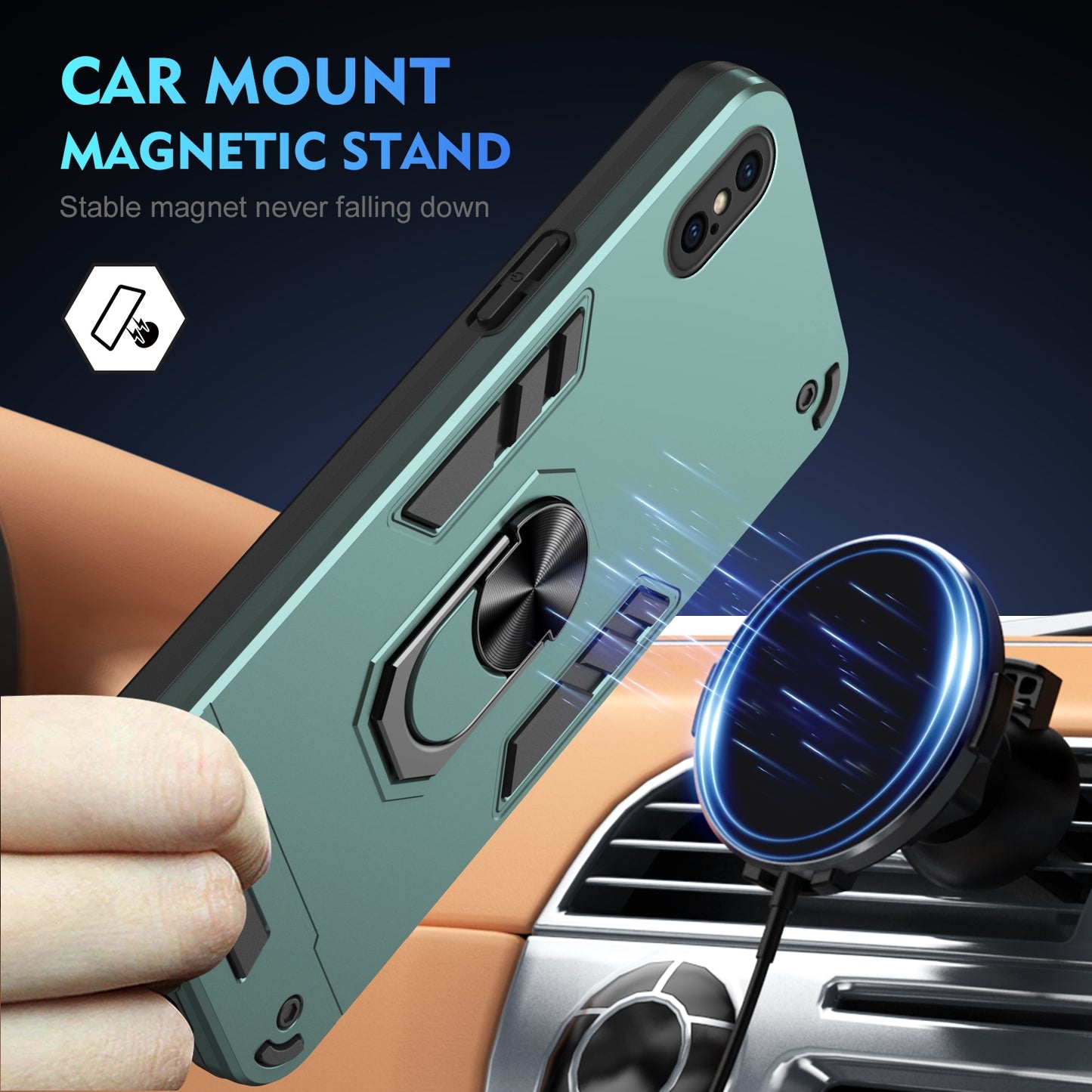 Apple iPhone XS Max Shockproof Metal Ring Holder Phone Case with 360 degrees Rotating Kickstand, Ultra Slim Protective Cover, Raised Camera Guard, PC Silicone Armour Shell, Anti-Scratch Back & Edge Protection
