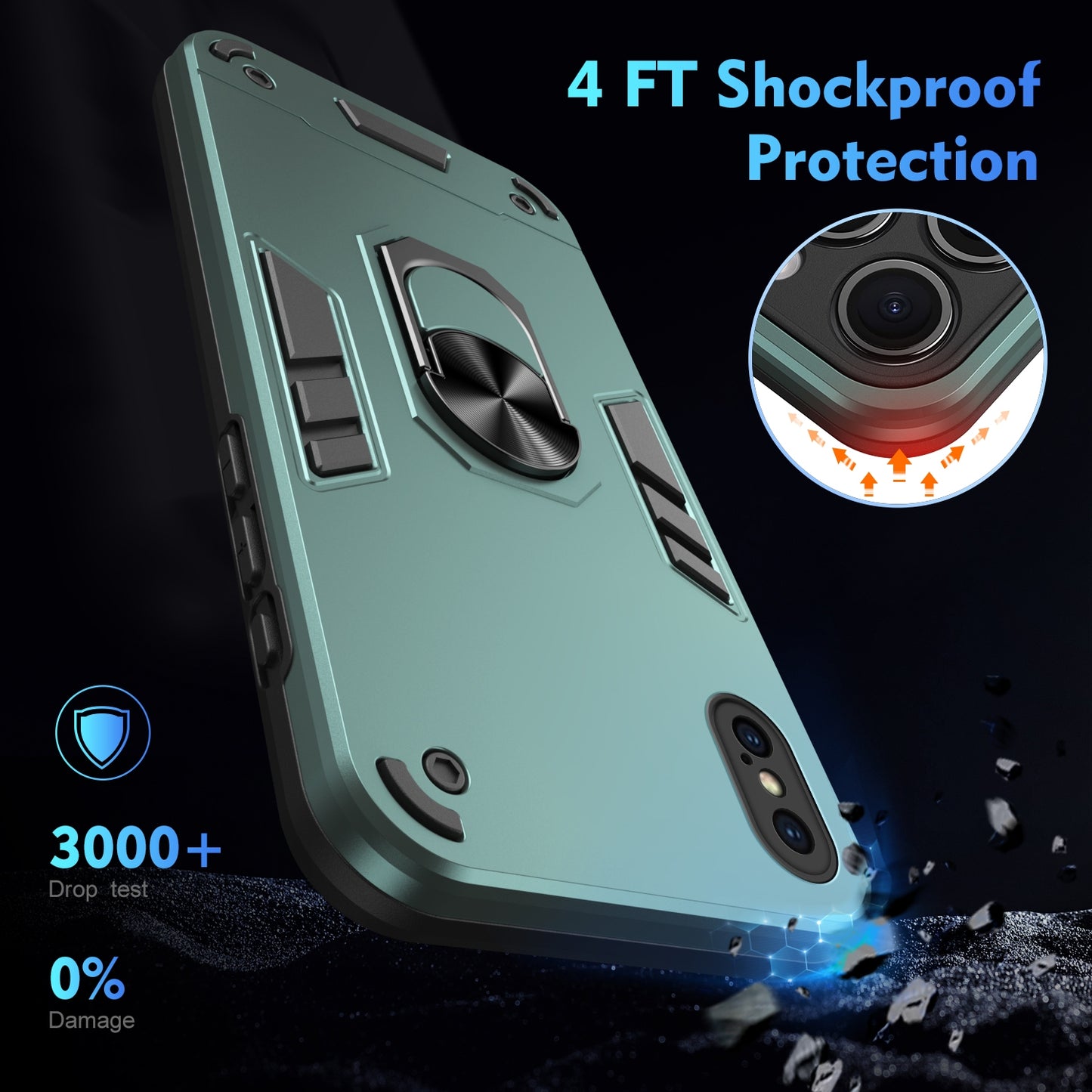 Apple iPhone XS Max Shockproof Metal Ring Holder Phone Case with 360 degrees Rotating Kickstand, Ultra Slim Protective Cover, Raised Camera Guard, PC Silicone Armour Shell, Anti-Scratch Back & Edge Protection