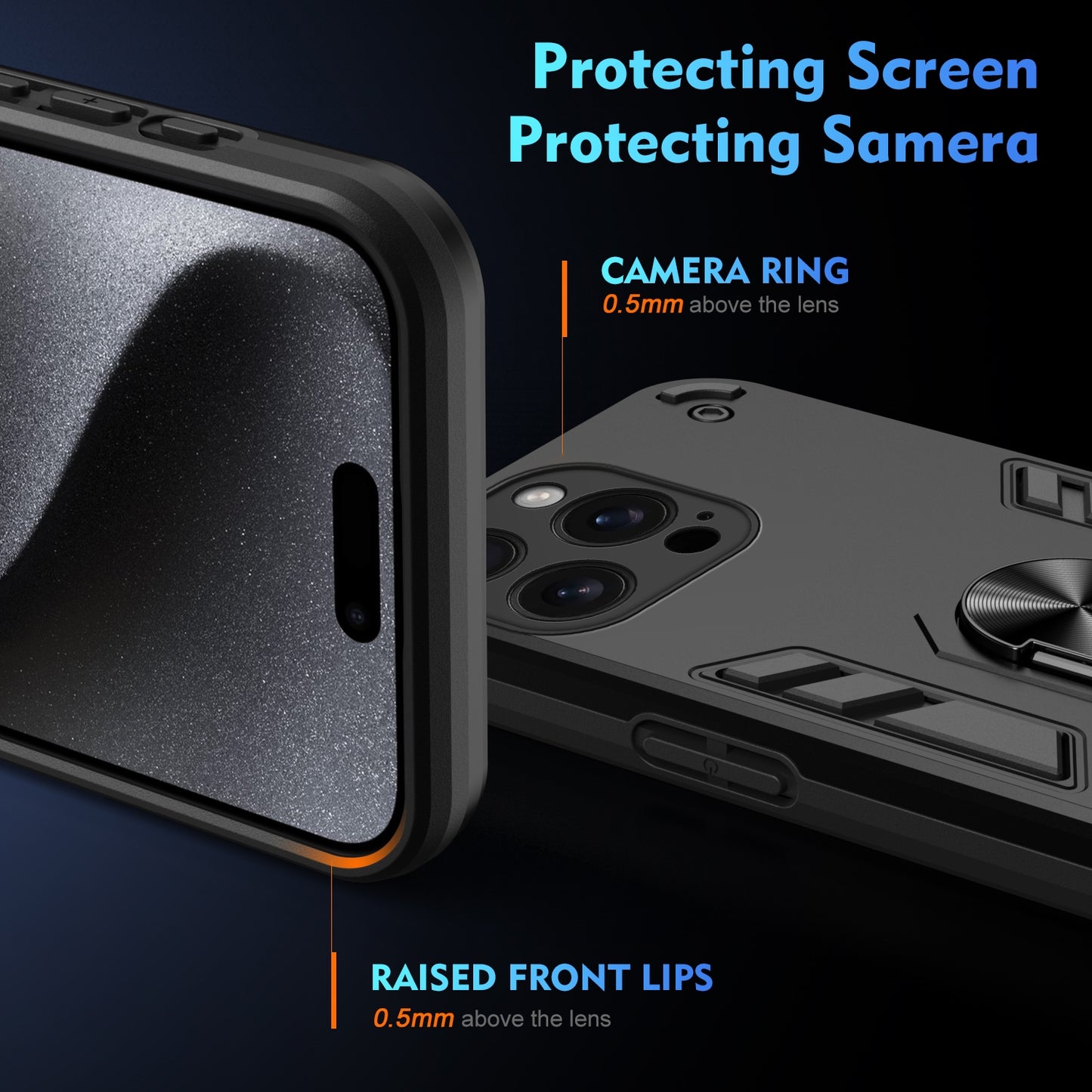 Apple iPhone 16 Pro Max Shockproof Metal Ring Holder Phone Case with 360 degrees Rotating Kickstand, Ultra Slim Protective Cover, Raised Camera Guard, PC Silicone Armour Shell, Anti-Scratch Back & Edge Protection