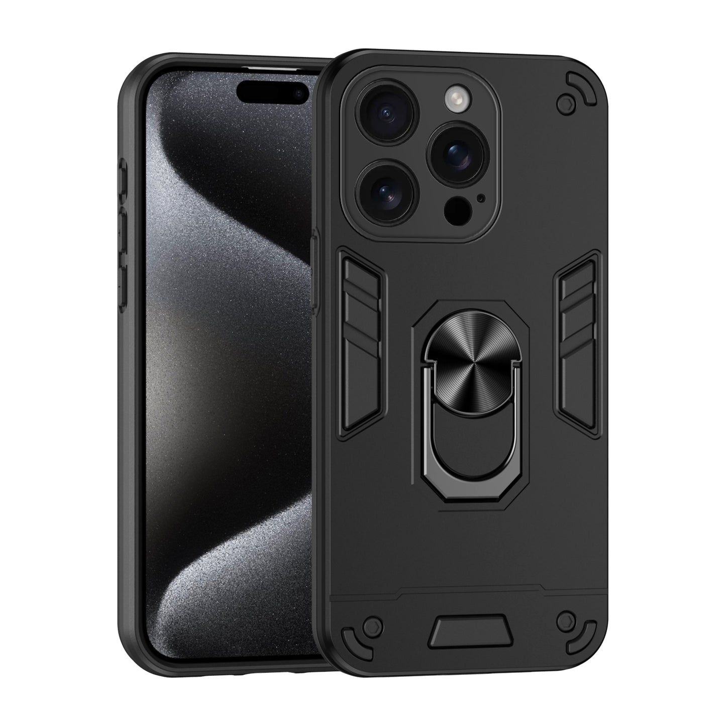 Apple iPhone 16 Pro Shockproof Metal Ring Holder Phone Case with 360 degrees Rotating Kickstand, Ultra Slim Protective Cover, Raised Camera Guard, PC Silicone Armour Shell, Anti-Scratch Back & Edge Protection