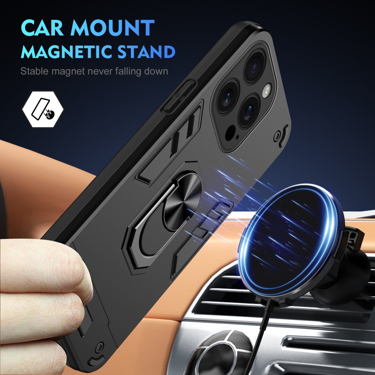 Apple iPhone 16 Pro Shockproof Metal Ring Holder Phone Case with 360 degrees Rotating Kickstand, Ultra Slim Protective Cover, Raised Camera Guard, PC Silicone Armour Shell, Anti-Scratch Back & Edge Protection