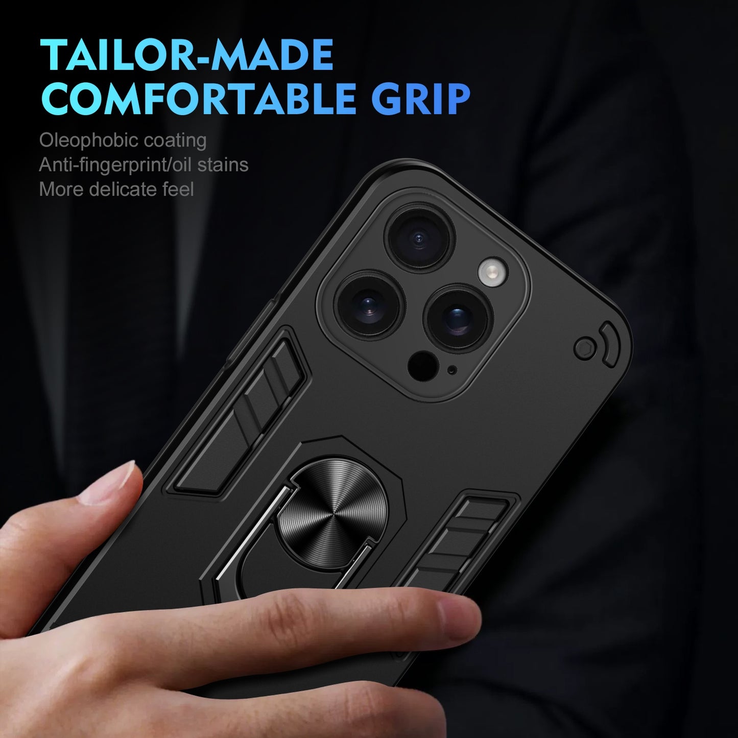 Apple iPhone 16 Pro Shockproof Metal Ring Holder Phone Case with 360 degrees Rotating Kickstand, Ultra Slim Protective Cover, Raised Camera Guard, PC Silicone Armour Shell, Anti-Scratch Back & Edge Protection
