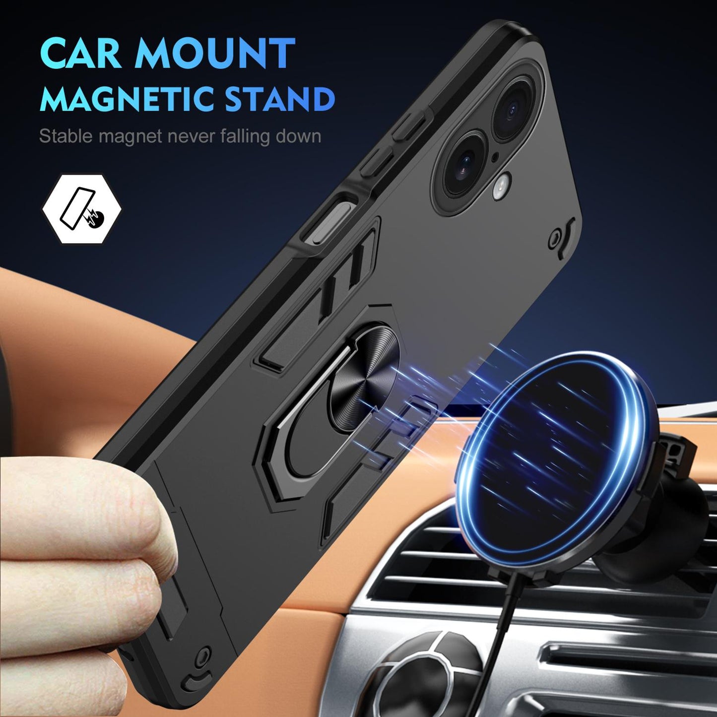 Apple iPhone 17 Shockproof Metal Ring Holder Phone Case with 360 degrees Rotating Kickstand, Ultra Slim Protective Cover, Raised Camera Guard, PC Silicone Armour Shell, Anti-Scratch Back & Edge Protection