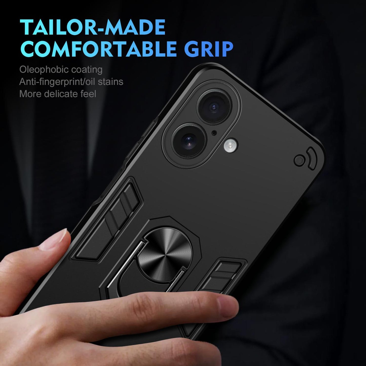 Apple iPhone 17 Shockproof Metal Ring Holder Phone Case with 360 degrees Rotating Kickstand, Ultra Slim Protective Cover, Raised Camera Guard, PC Silicone Armour Shell, Anti-Scratch Back & Edge Protection