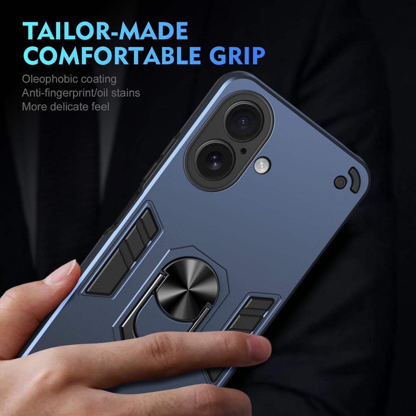 Apple iPhone 17 Shockproof Metal Ring Holder Phone Case with 360 degrees Rotating Kickstand, Ultra Slim Protective Cover, Raised Camera Guard, PC Silicone Armour Shell, Anti-Scratch Back & Edge Protection