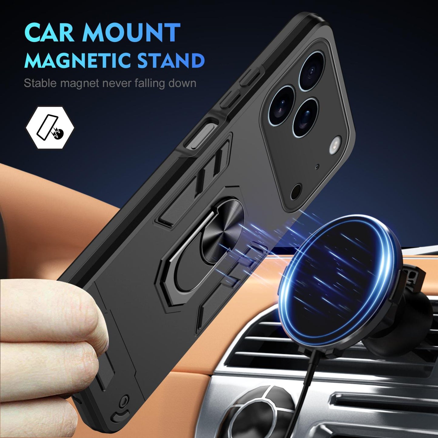 Apple iPhone 17 Pro Shockproof Metal Ring Holder Phone Case with 360 degrees Rotating Kickstand, Ultra Slim Protective Cover, Raised Camera Guard, PC Silicone Armour Shell, Anti-Scratch Back & Edge Protection