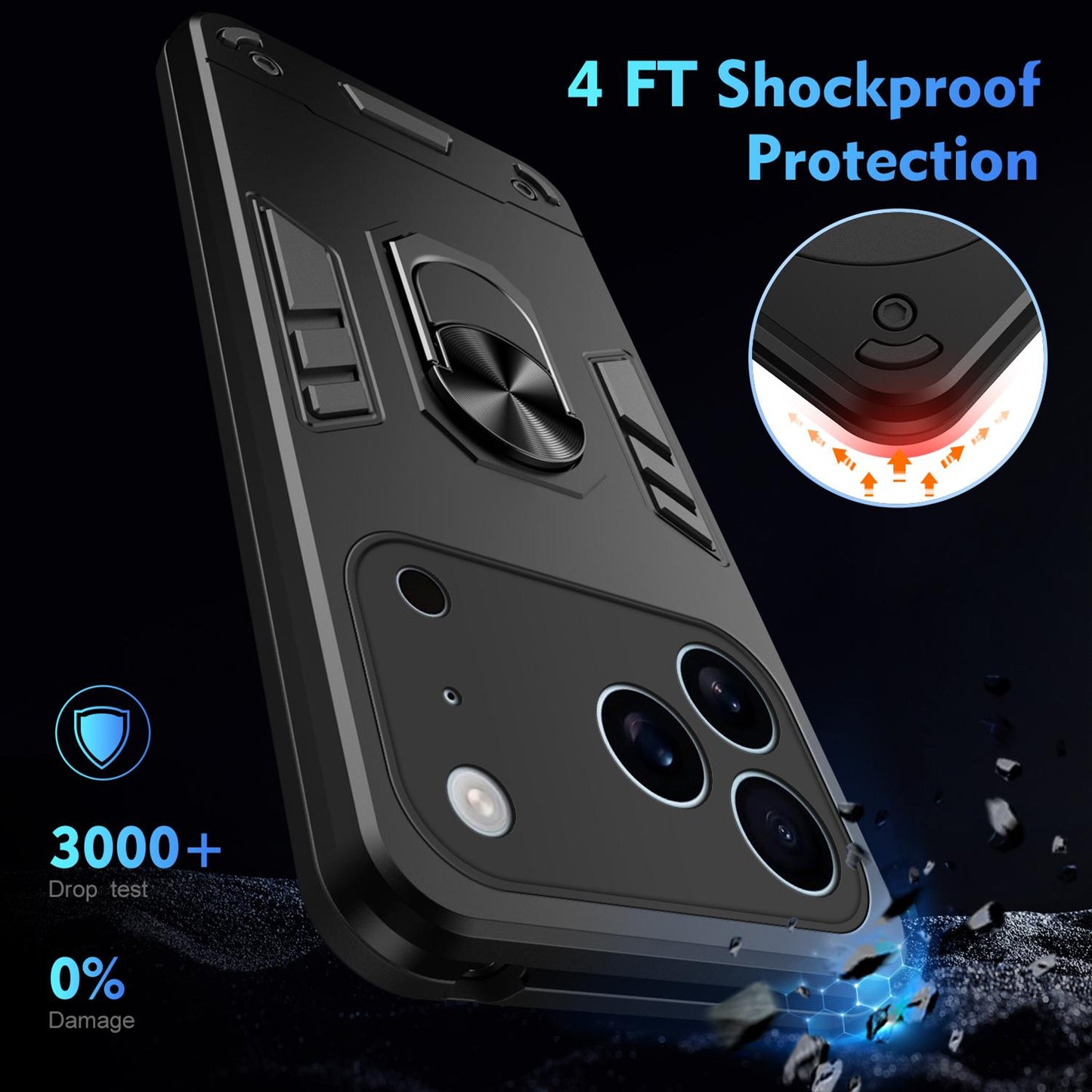 Apple iPhone 17 Pro Shockproof Metal Ring Holder Phone Case with 360 degrees Rotating Kickstand, Ultra Slim Protective Cover, Raised Camera Guard, PC Silicone Armour Shell, Anti-Scratch Back & Edge Protection