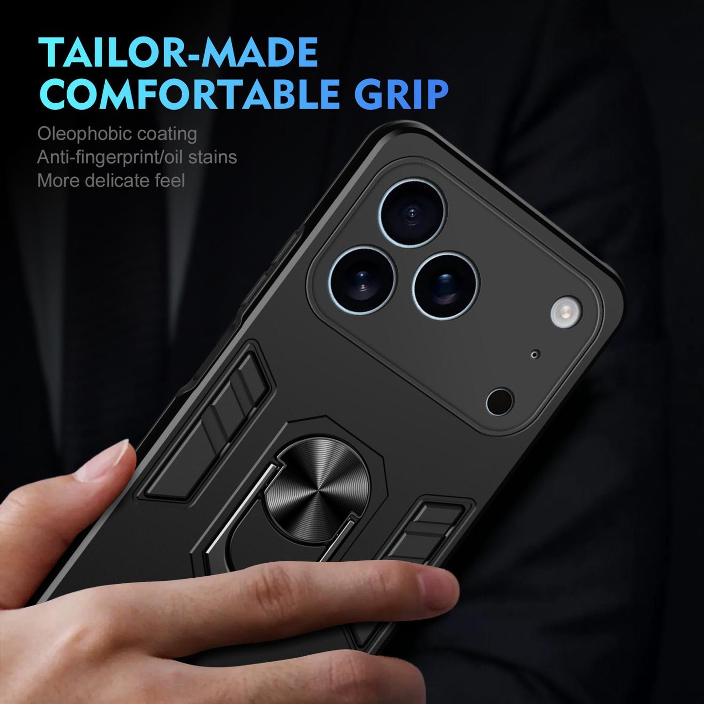 Apple iPhone 17 Pro Shockproof Metal Ring Holder Phone Case with 360 degrees Rotating Kickstand, Ultra Slim Protective Cover, Raised Camera Guard, PC Silicone Armour Shell, Anti-Scratch Back & Edge Protection