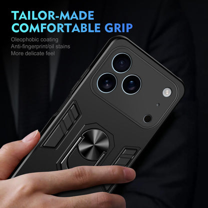 Apple iPhone 17 Pro Shockproof Metal Ring Holder Phone Case with 360 degrees Rotating Kickstand, Ultra Slim Protective Cover, Raised Camera Guard, PC Silicone Armour Shell, Anti-Scratch Back & Edge Protection