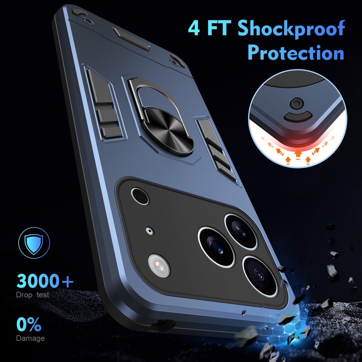Apple iPhone 17 Pro Max Shockproof Metal Ring Holder Phone Case with 360 degrees Rotating Kickstand, Ultra Slim Protective Cover, Raised Camera Guard, PC Silicone Armour Shell, Anti-Scratch Back & Edge Protection