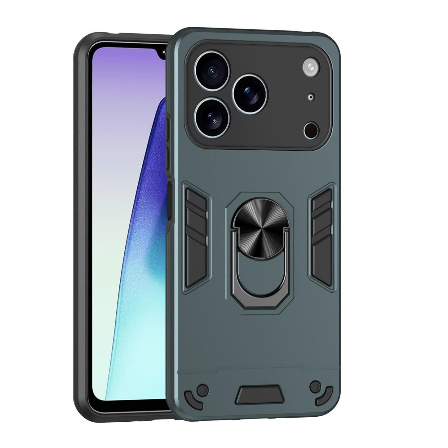 Apple iPhone 17 Pro Max Shockproof Metal Ring Holder Phone Case with 360 degrees Rotating Kickstand, Ultra Slim Protective Cover, Raised Camera Guard, PC Silicone Armour Shell, Anti-Scratch Back & Edge Protection
