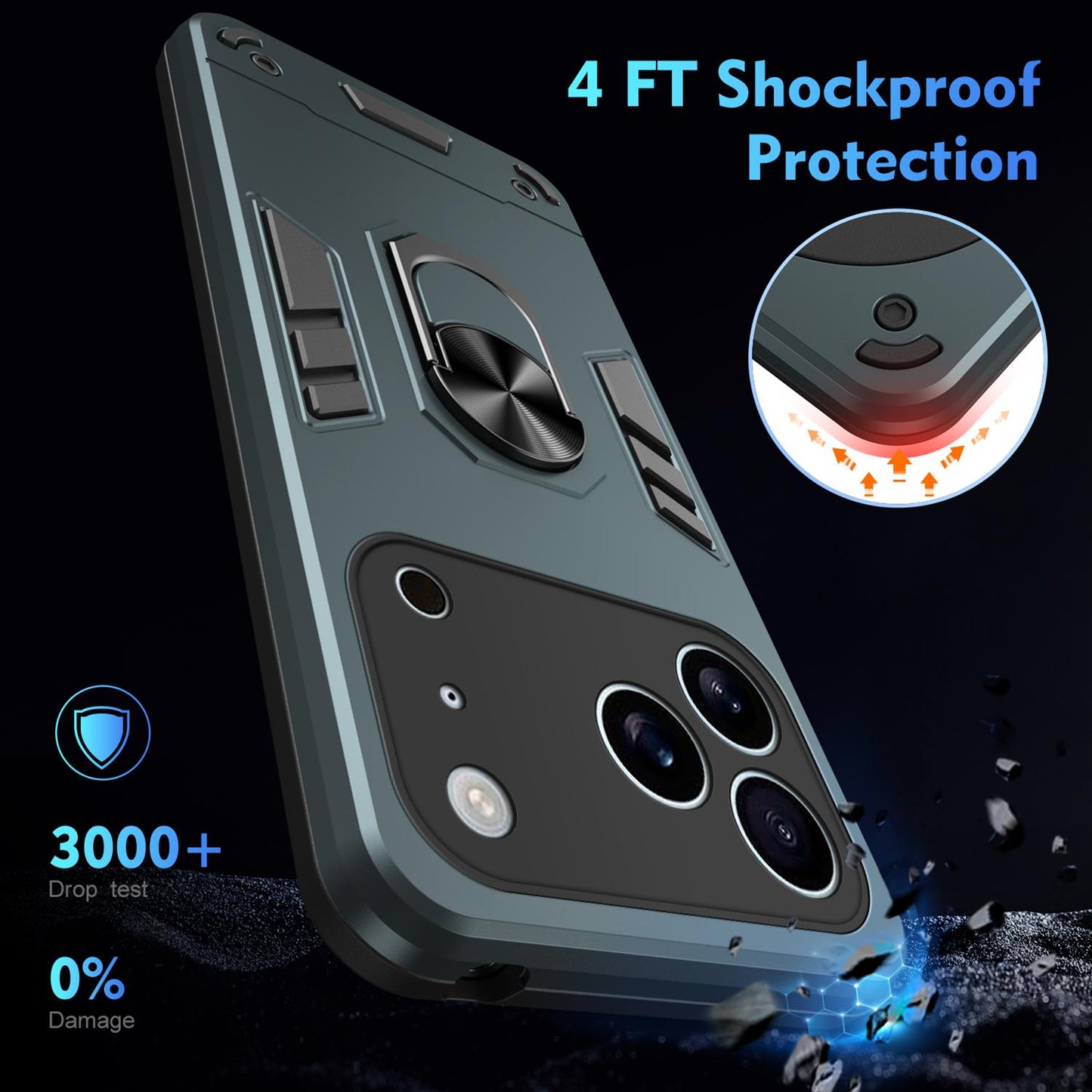 Apple iPhone 17 Pro Max Shockproof Metal Ring Holder Phone Case with 360 degrees Rotating Kickstand, Ultra Slim Protective Cover, Raised Camera Guard, PC Silicone Armour Shell, Anti-Scratch Back & Edge Protection