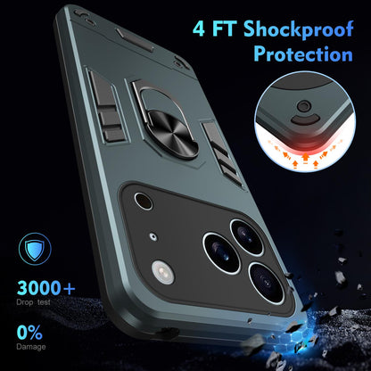 Apple iPhone 17 Pro Max Shockproof Metal Ring Holder Phone Case with 360 degrees Rotating Kickstand, Ultra Slim Protective Cover, Raised Camera Guard, PC Silicone Armour Shell, Anti-Scratch Back & Edge Protection