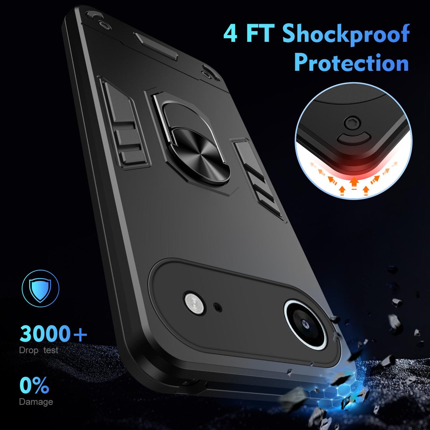 Apple iPhone Air Shockproof Metal Ring Holder Phone Case with 360 degrees Rotating Kickstand, Ultra Slim Protective Cover, Raised Camera Guard, PC Silicone Armour Shell, Anti-Scratch Back & Edge Protection