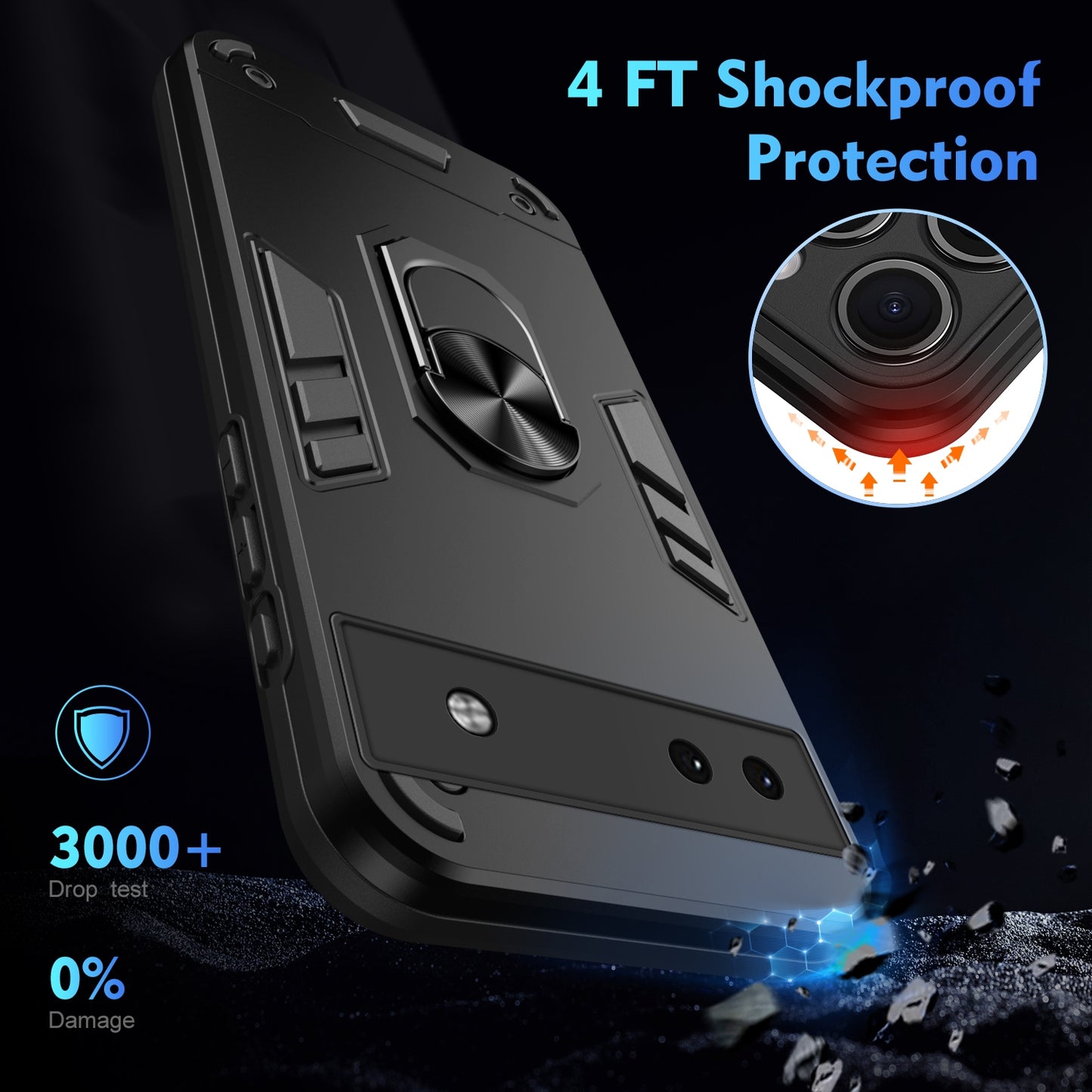 Google Pixel 6a Shockproof Metal Ring Holder Phone Case with 360 degrees Rotating Kickstand, Ultra Slim Protective Cover, Raised Camera Guard, PC Silicone Armour Shell, Anti-Scratch Back & Edge Protection