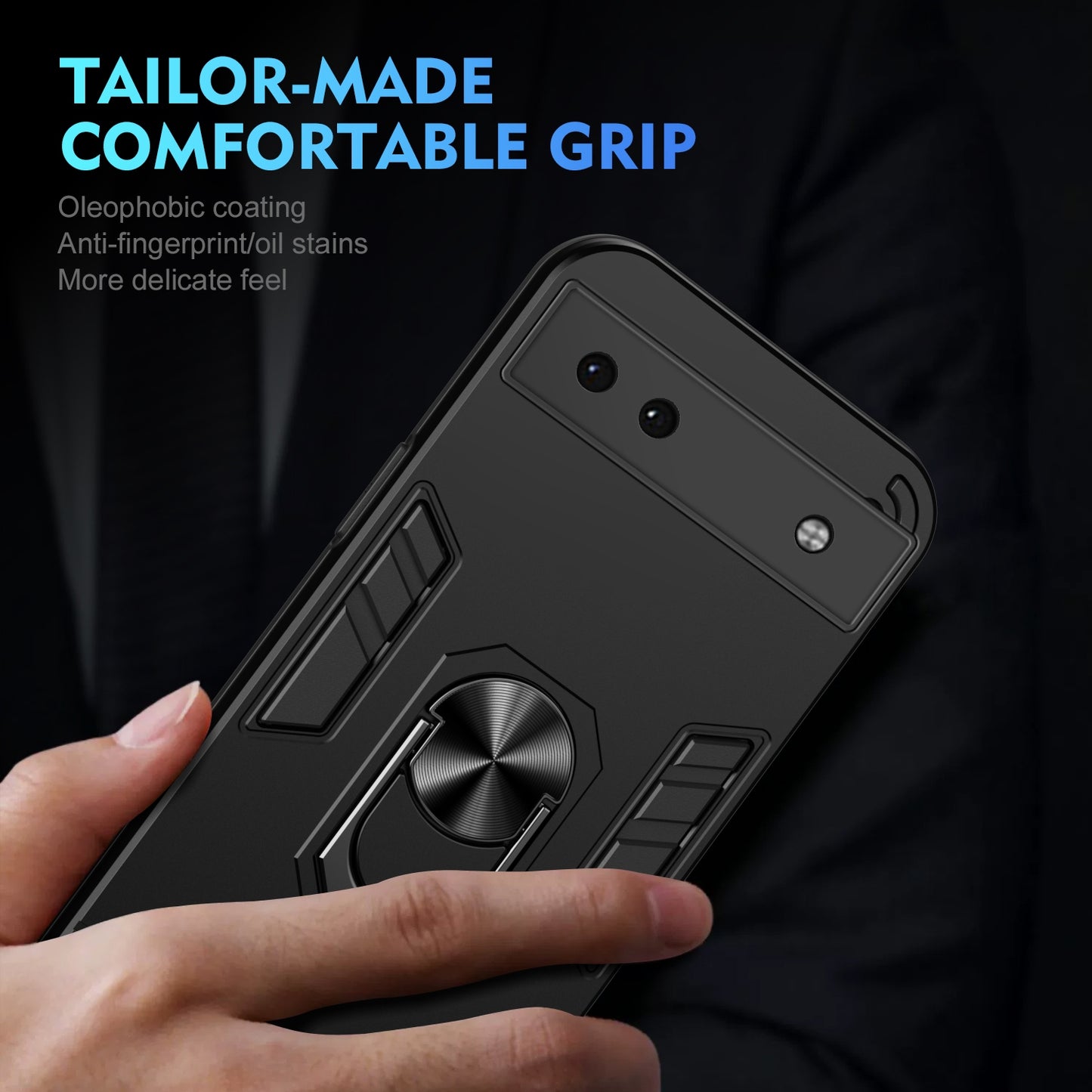 Google Pixel 6a Shockproof Metal Ring Holder Phone Case with 360 degrees Rotating Kickstand, Ultra Slim Protective Cover, Raised Camera Guard, PC Silicone Armour Shell, Anti-Scratch Back & Edge Protection